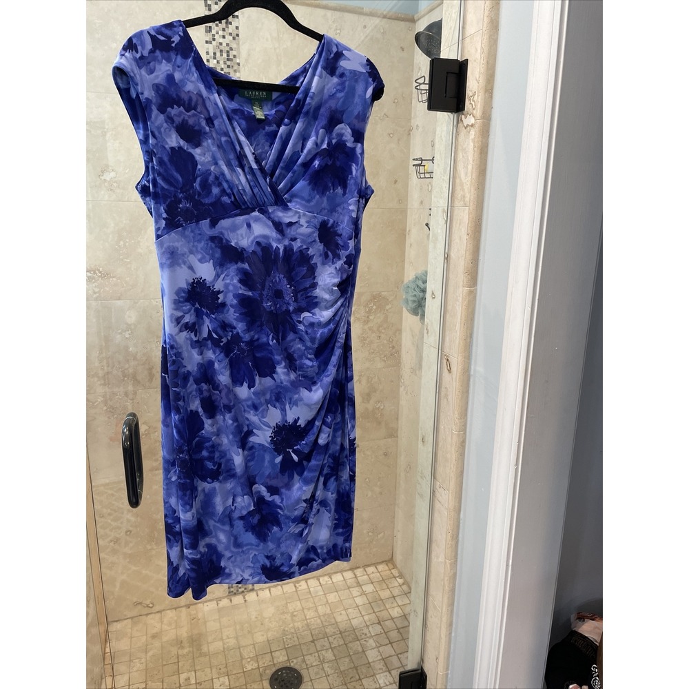 Ralph Lauren Purple Floral Jersey Stretch Dress L 14 Empire Mock Wrap Ruched